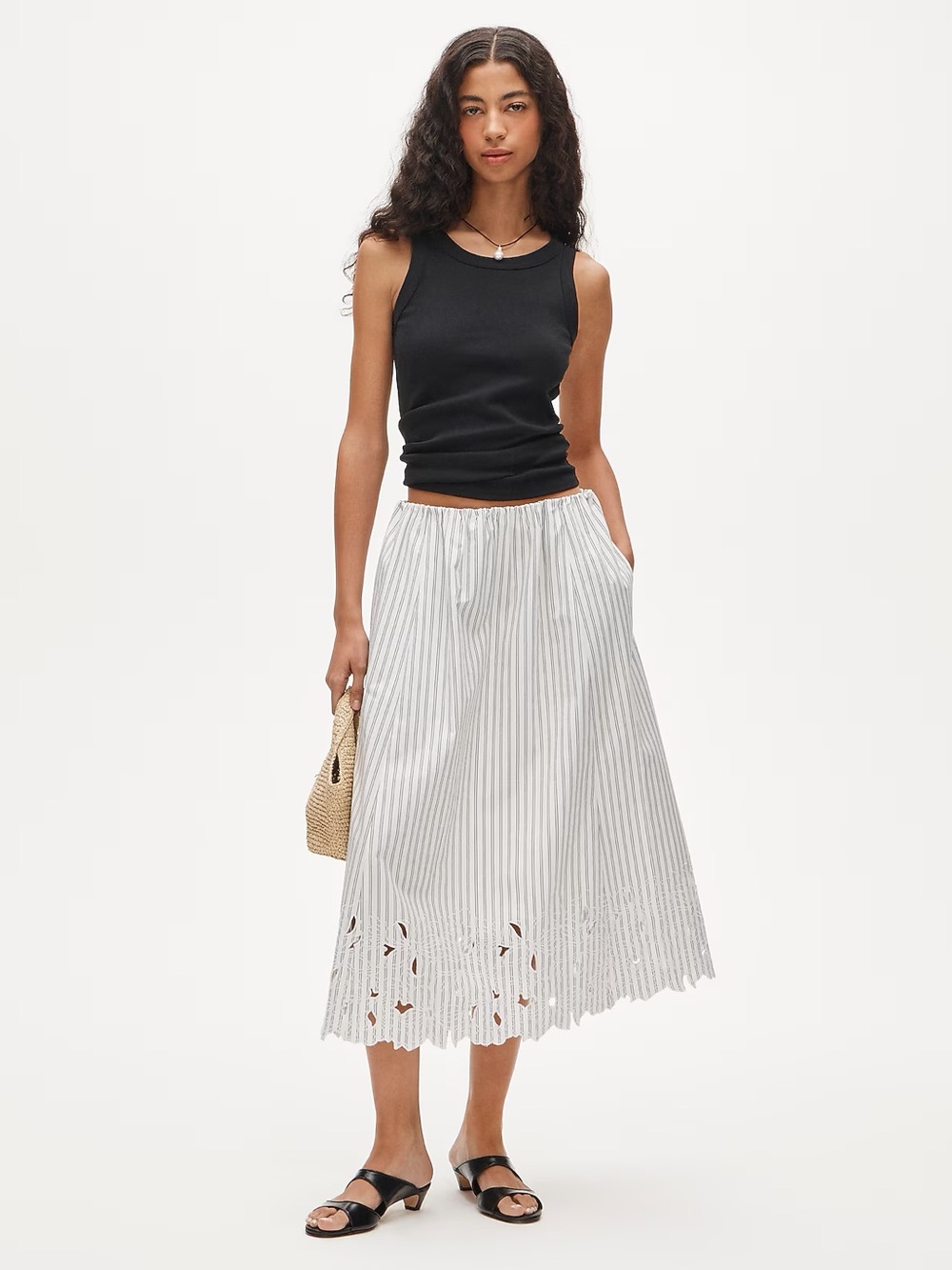 J.CREW Embroidered pull-on midi skirt in striped cotton poplin